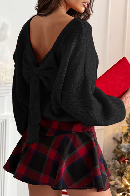 Fiery Red Festive Bow Backless Bubble Sleeve Sweater