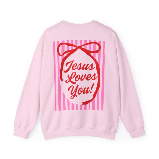 Faith Crewneck Sweatshirt — "Jesus Loves You" Pink & Red Stripes & Bows - Front & Back