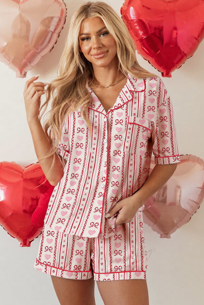 Red Cute Valentine Bow Heart Print Ribbon Decor Pajama Set