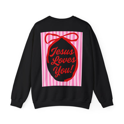 Faith Crewneck Sweatshirt — "Jesus Loves You" Pink & Red Stripes & Bows - Front & Back