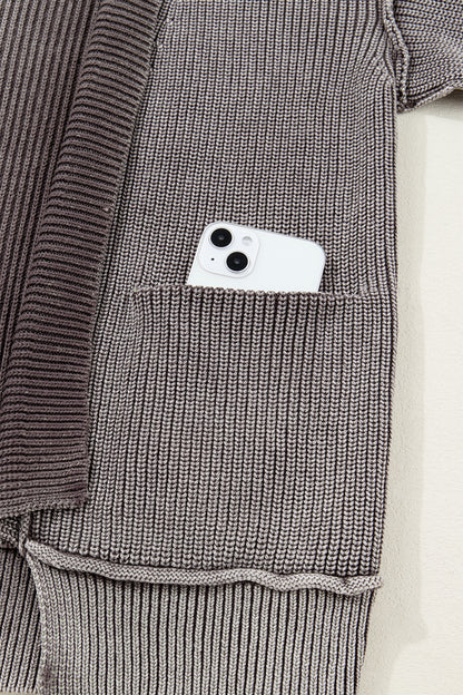 Dark Brown Mineral Wash Exposed Seam Patchwork Knit Open Sweater Cardigan