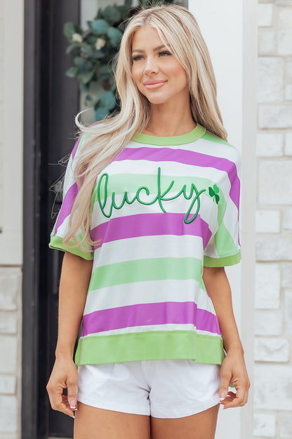 Green Stripe Lucky Clover Embroidered Graphic Dolman Loose Tee