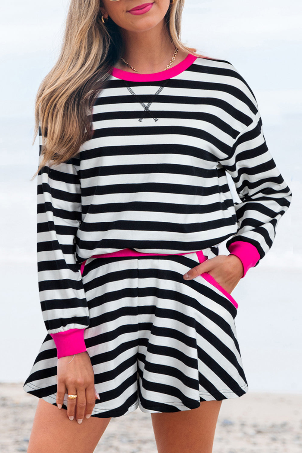 Black Stripe Contrast Ribbed Banding Long Sleeve Blouse Loose Shorts Set
