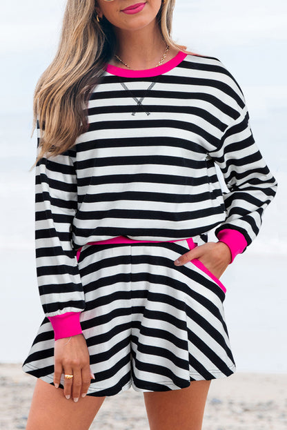 Black Stripe Contrast Ribbed Banding Long Sleeve Blouse Loose Shorts Set