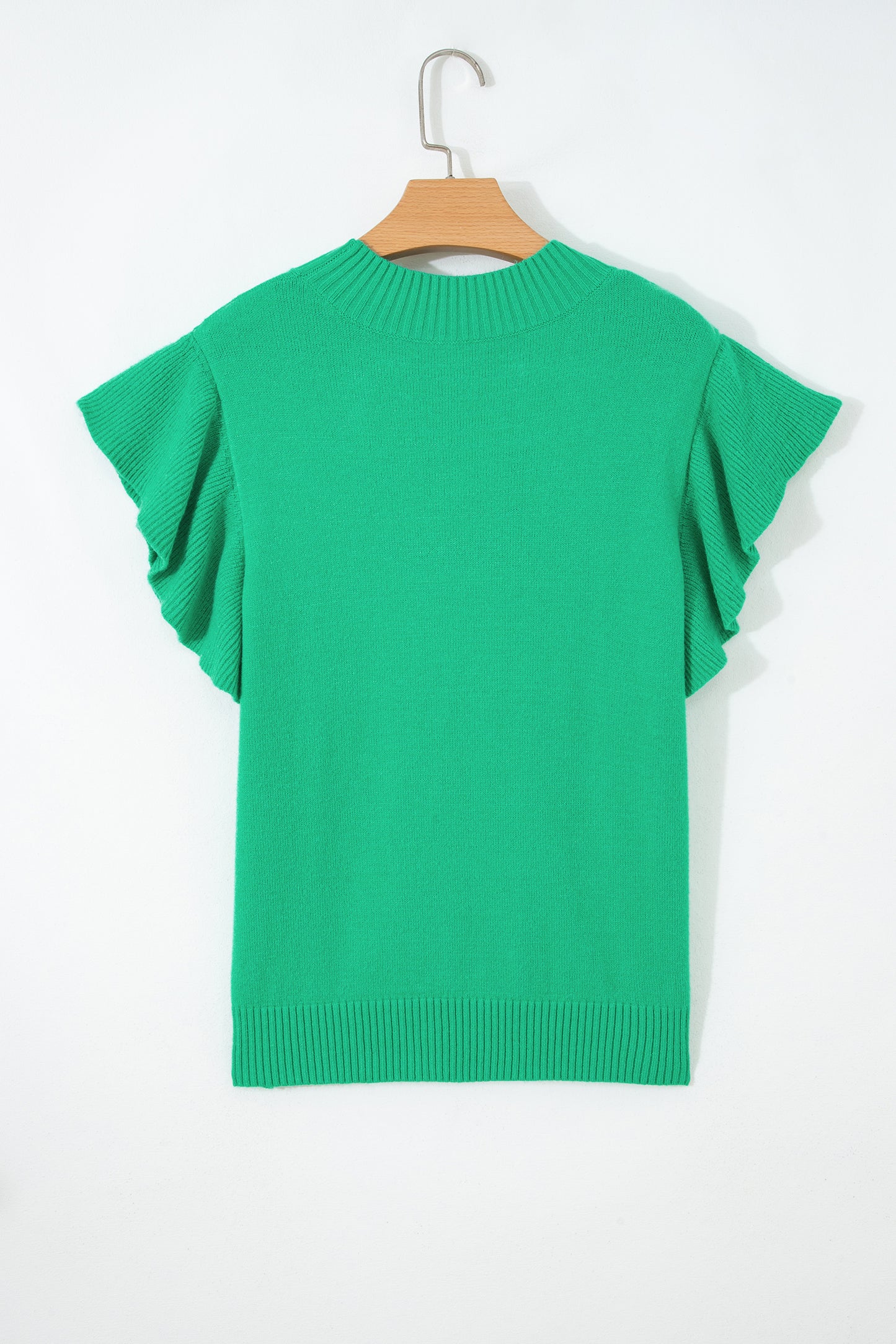 Beau Blue Solid Color Ribbed Trim Round Neck Ruffle Short Sleeve Sweater