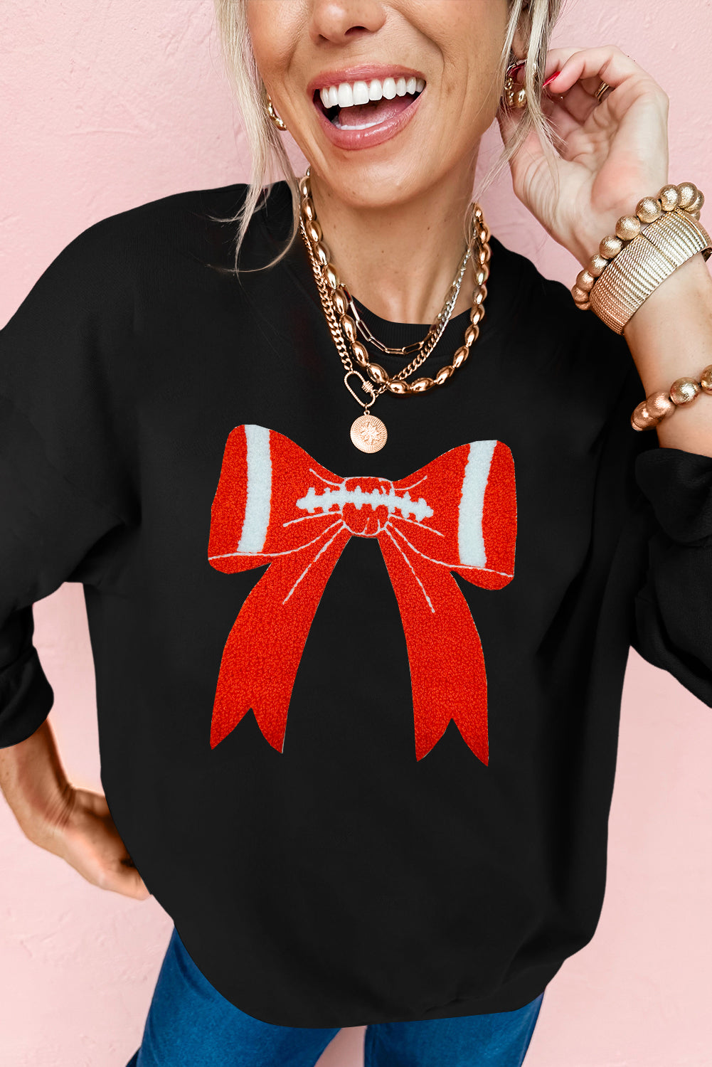 Black Game Day Chenille Bow Terry Flocking Drop Shoulder Sweatshirt
