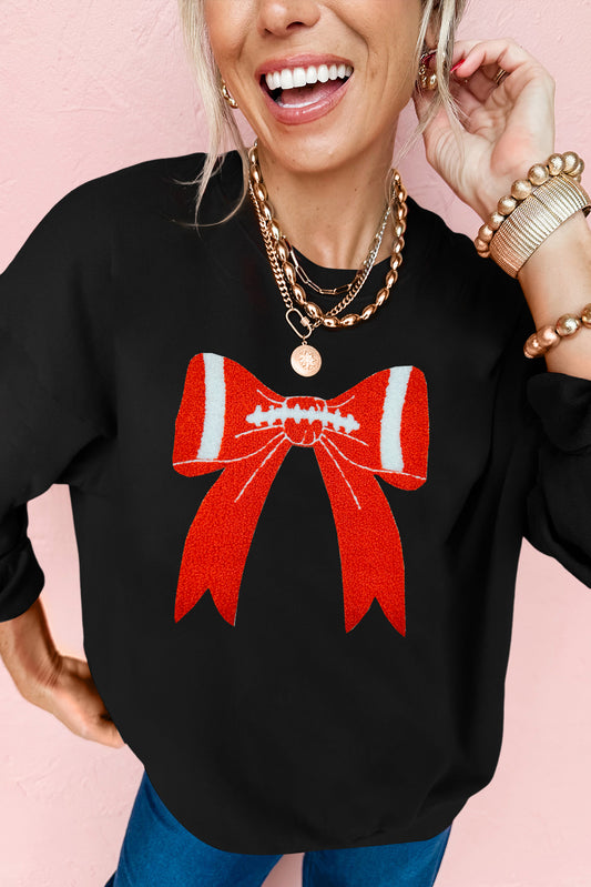 Black Game Day Chenille Bow Terry Flocking Drop Shoulder Sweatshirt