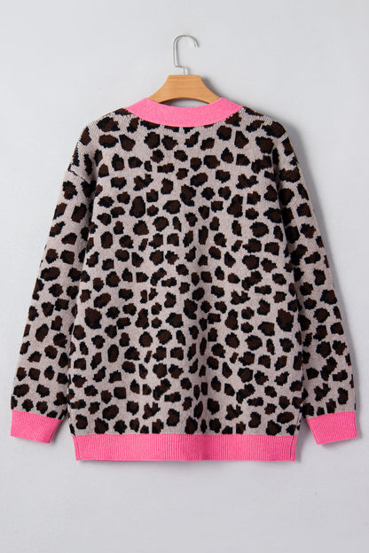 Khaki Oversize Color Block Trim Button Down Leopard Print Cardigan