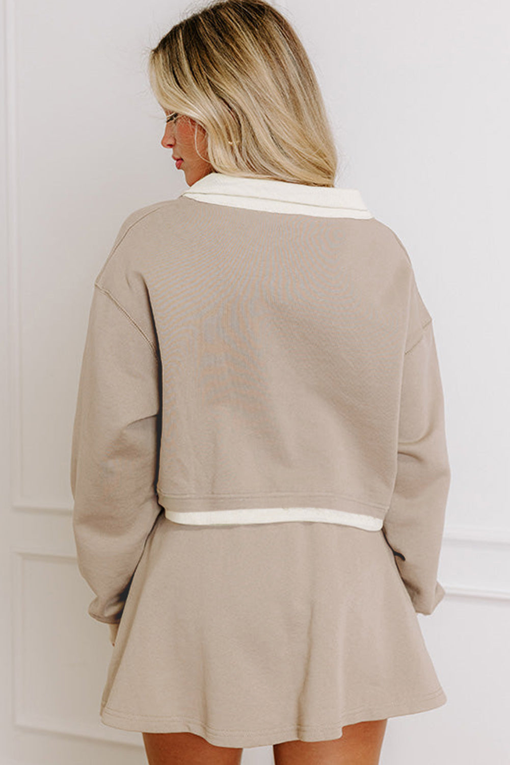 Parchment Raw Edge Detail Colorblock Patchwork Cropped Pullover Drawstring Skirt Set