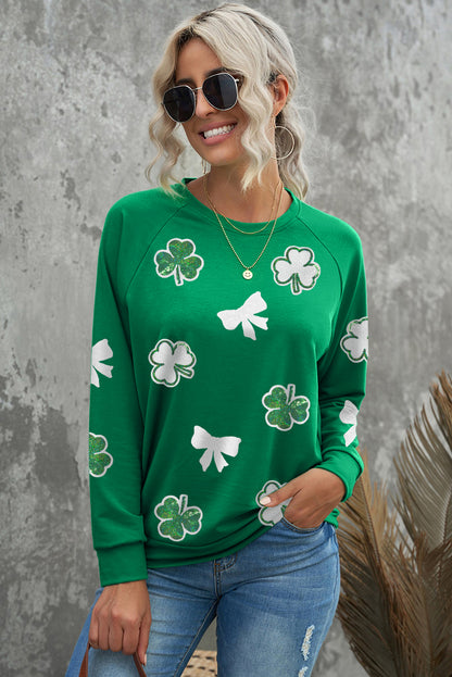 Green Sequin Bow Clover Graphic Pullover Sweatshirt