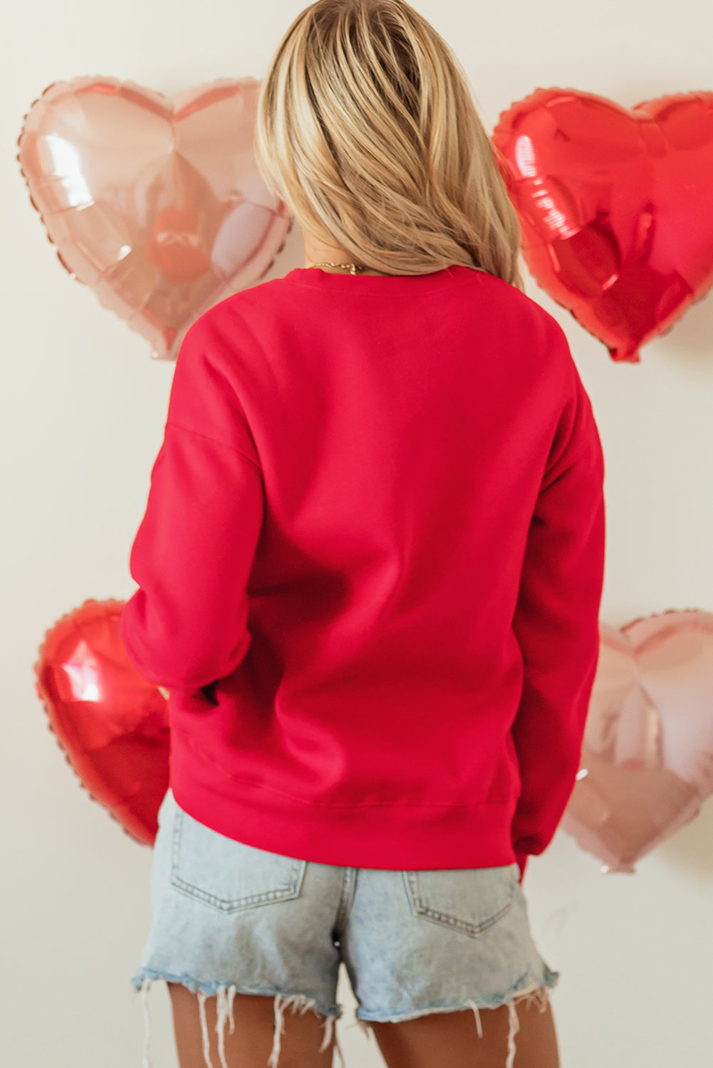 Red Valentines Sequin Bow Heart Patched Pattern Pullover Sweatshirt