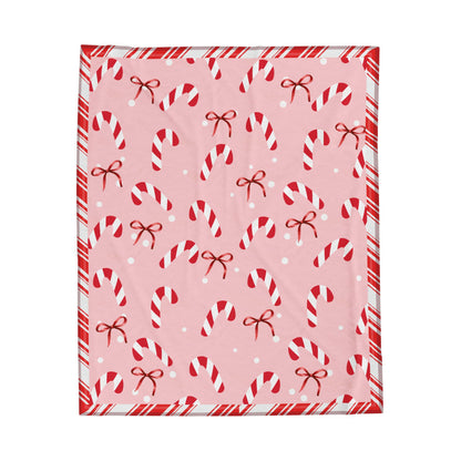 Candy Cane and Bow Pink Christmas Blanket