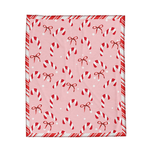 Candy Cane and Bow Pink Christmas Blanket