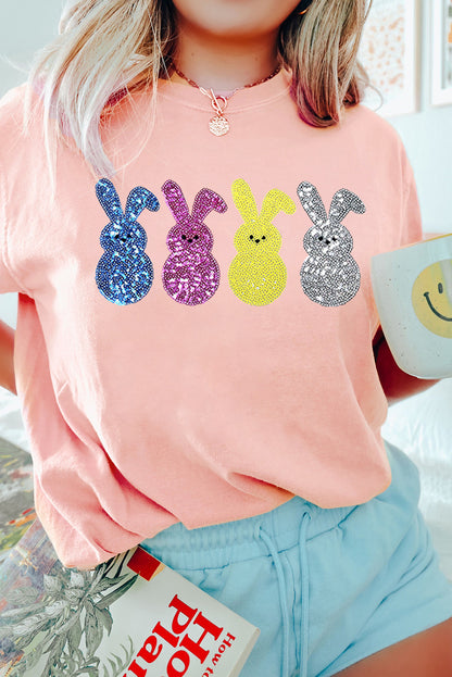Pink Sequin Cute Bunny Graphic Easter Fashion Tee