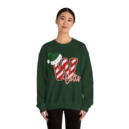 Candy Cane "W" with Green Santa Hat; Colts - Christmas Sweatshirt - Unisex