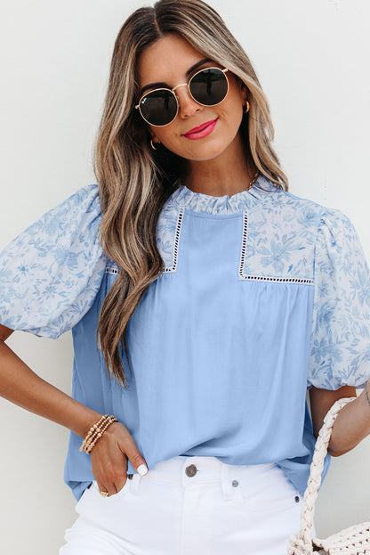 Beau Blue Lace Insert Floral Puff Sleeve Patchwork Loose Blouse