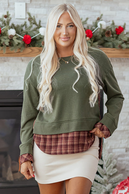 Moss Green Vintage Plaid Patchwork Drop Shoulder Sweatshirt