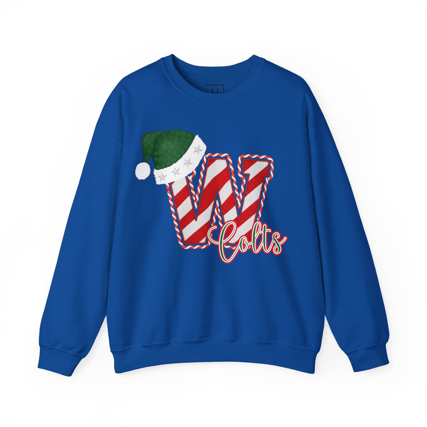 Candy Cane "W" with Green Santa Hat; Colts - Christmas Sweatshirt - Unisex