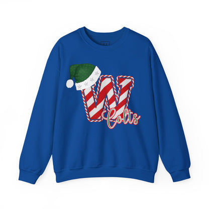 Candy Cane "W" with Green Santa Hat; Colts - Christmas Sweatshirt - Unisex