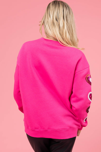 Bonbon Sequined Heart Patched Drop Shoulder Valentines Sweatshirt