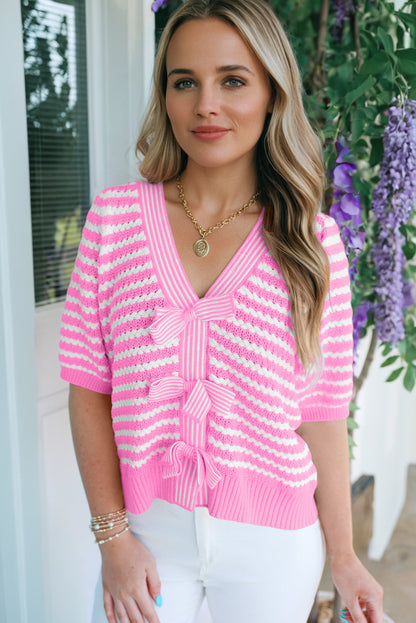 Green Stripe Short Sleeve Knit V Neck Bow Knot Sweater