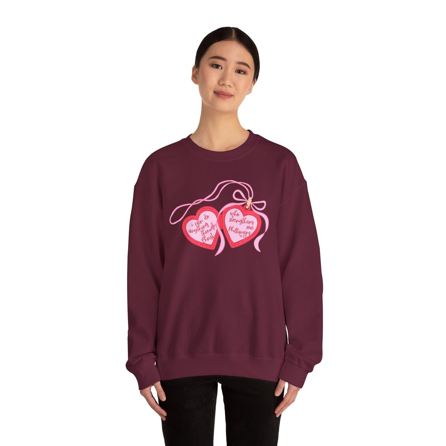 Faith Crewneck Sweatshirt — "I Can Do All Things Through Christ" Pink Heart Locket
