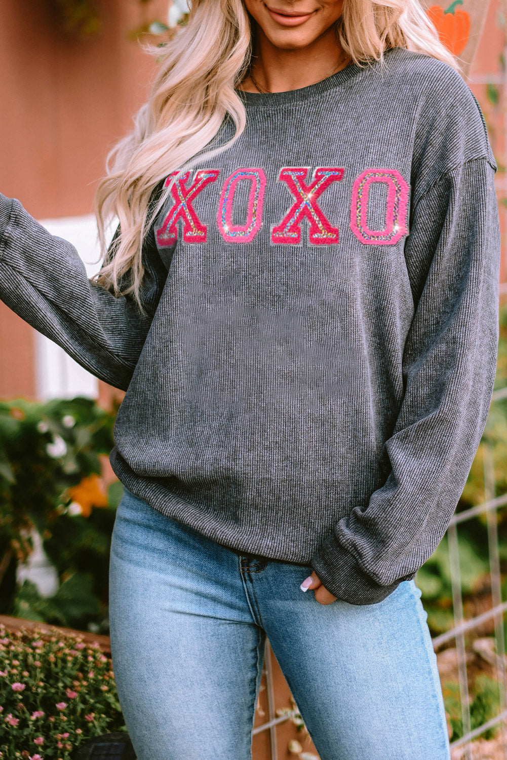 Gray Valentine Sequin XOXO Corded Crew Neck Sweatshirt