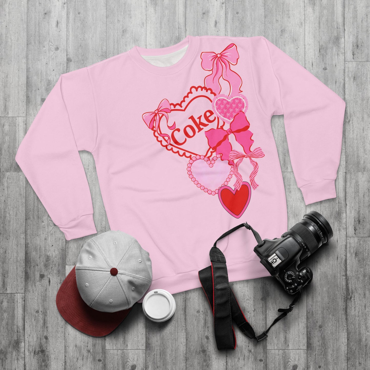 Coke Hearts & Bows Sweatshirt — Cute Soda Logo All-Over Print