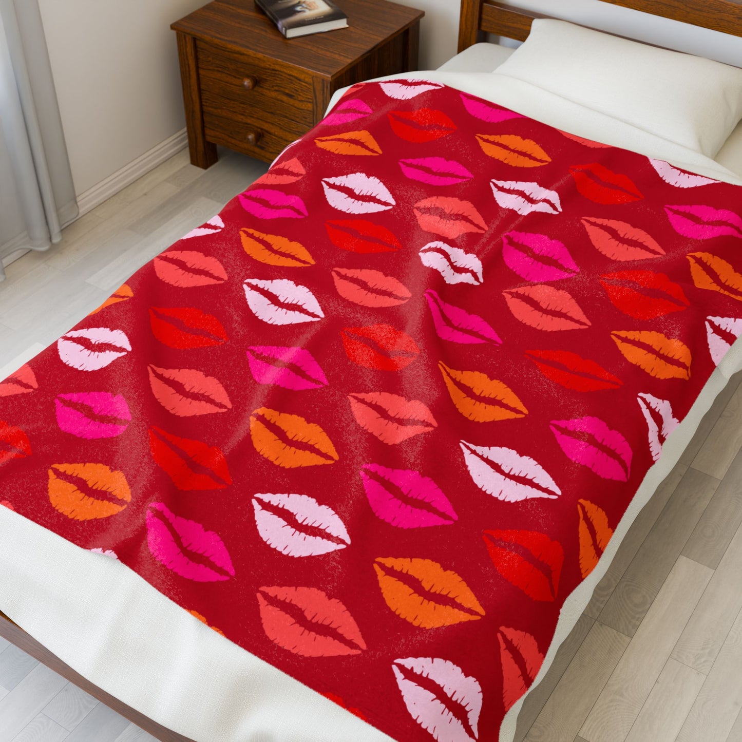 Velveteen Plush Blanket — Sunset Lips Pattern (Hot Pink & Orange)