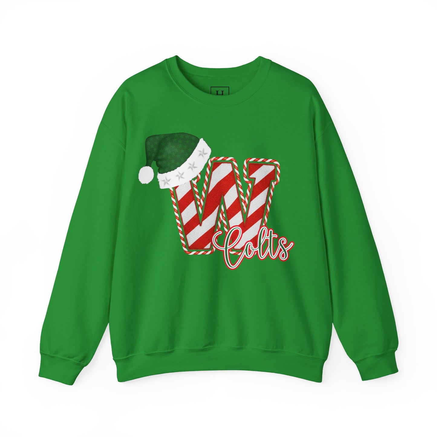 Candy Cane "W" with Green Santa Hat; Colts - Christmas Sweatshirt - Unisex
