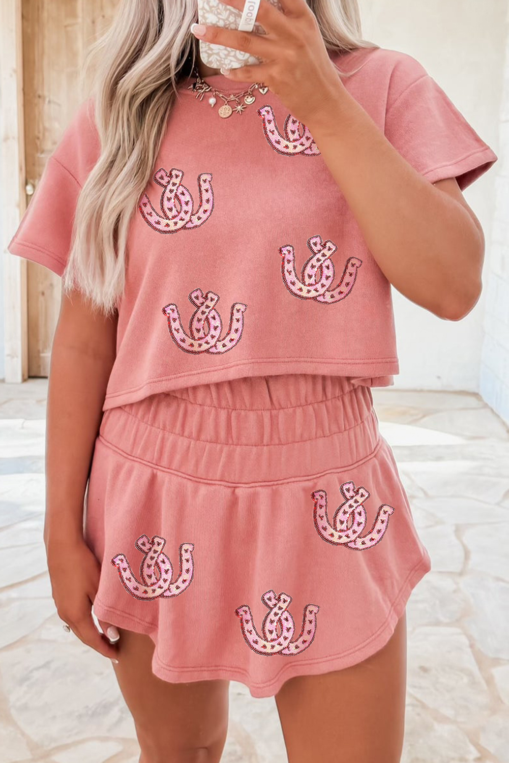 Blossom Horseshoe Sequins Patch Cropped Tee and High Waist Skort Set