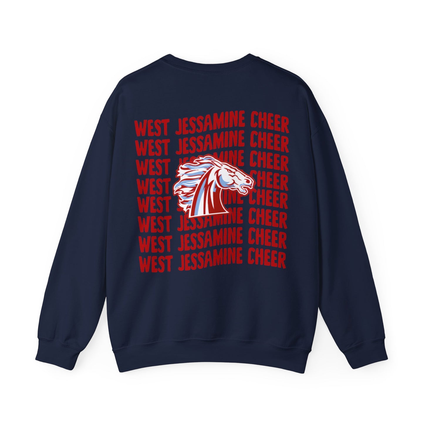 West Jessamine Cheer Crewneck Sweatshirt — Back ‘West Jessamine Cheer’ with Horse Logo - Unisex