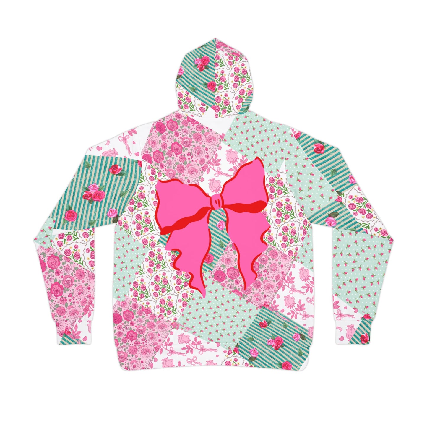 Coquette Floral Patch Athletic Hoodie — Green & Pink AOP with Bows