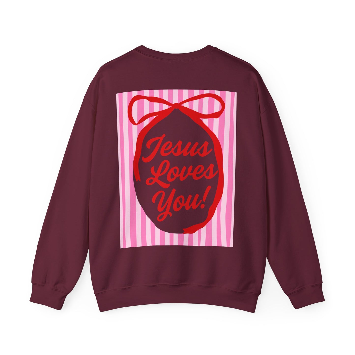 Faith Crewneck Sweatshirt — "Jesus Loves You" Pink & Red Stripes & Bows - Front & Back
