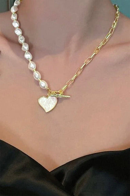 Gold Heart Shape Pendant Rhinestone Decor Pearl Chain Necklace