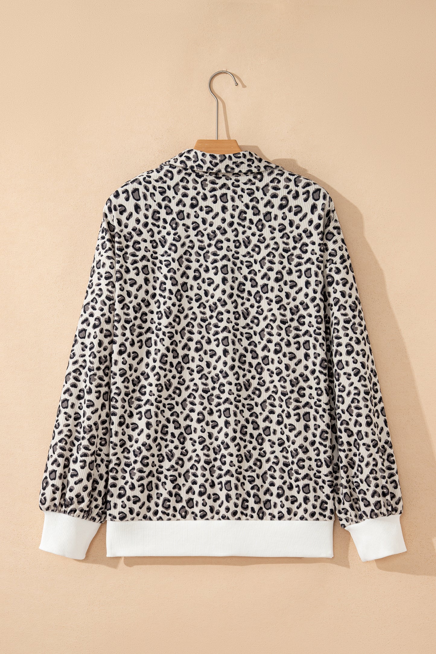Beige Leopard Print Quarter Zip Corduroy Sweatshirt