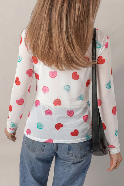 White Sheer Mesh Valentines Slogan Heart Printed Long Sleeve Top