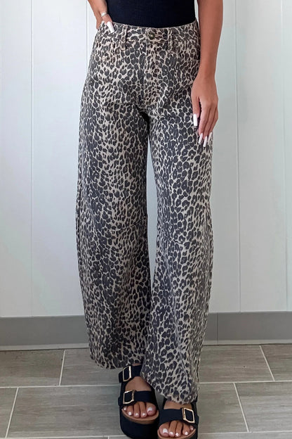 Black Leopard Print High Waist Barrel Jeans