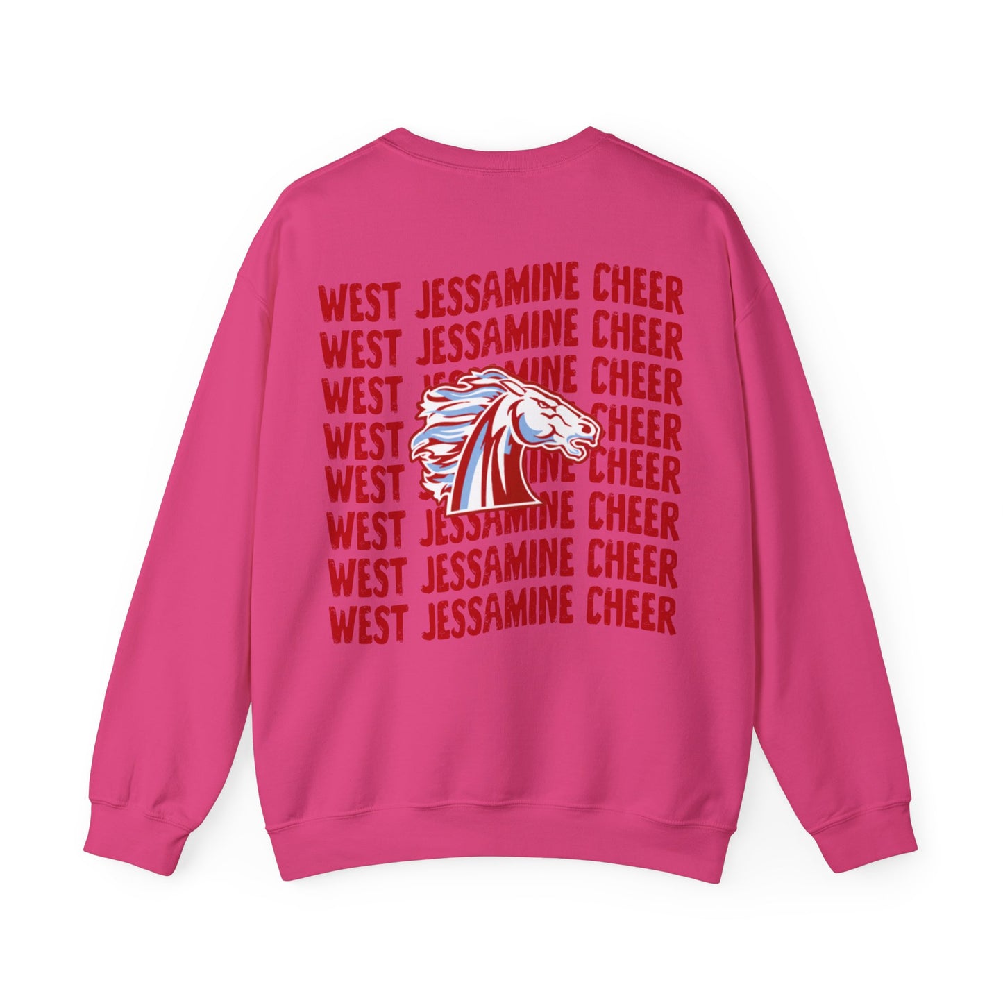 West Jessamine Cheer Crewneck Sweatshirt — Back ‘West Jessamine Cheer’ with Horse Logo - Unisex