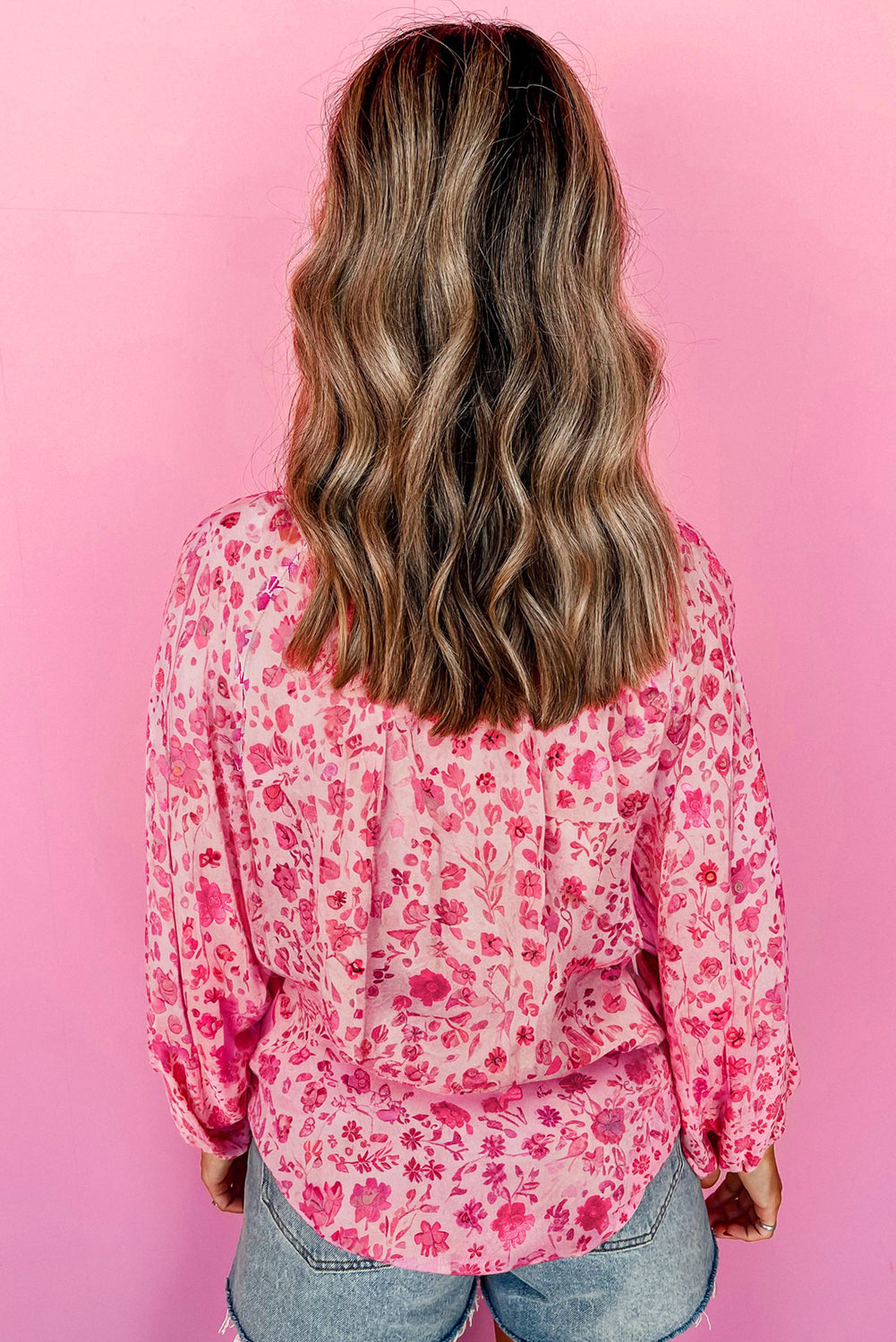 Pink Floral Puff Sleeve Split Neck Blouse