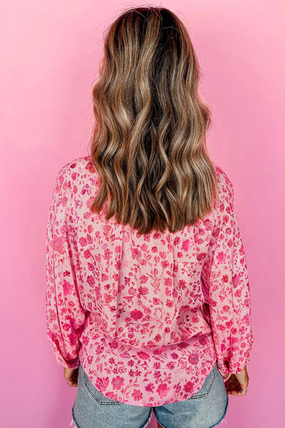 Pink Floral Puff Sleeve Split Neck Blouse