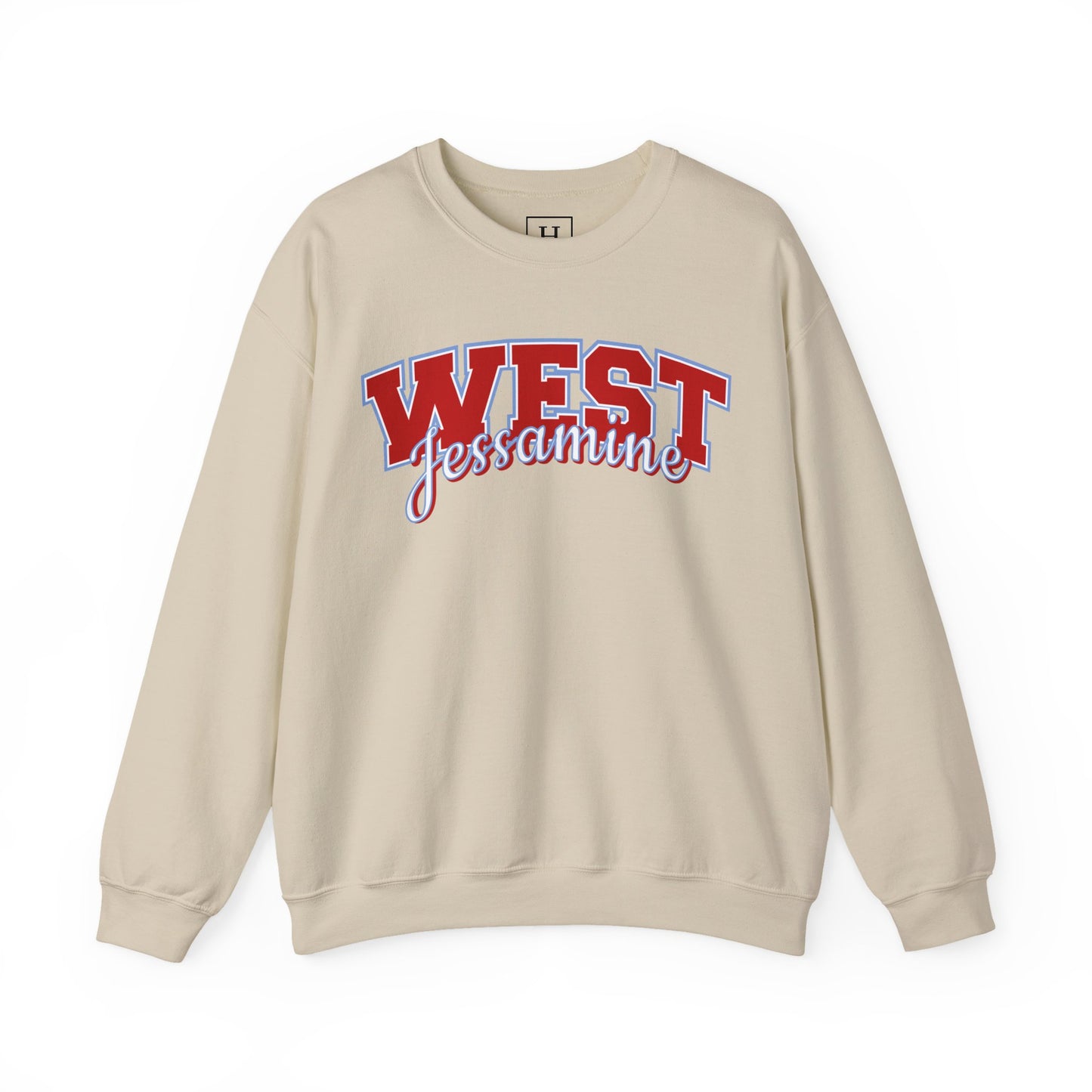 West Jessamine Cheer Crewneck Sweatshirt — Back ‘West Jessamine Cheer’ with Horse Logo - Unisex