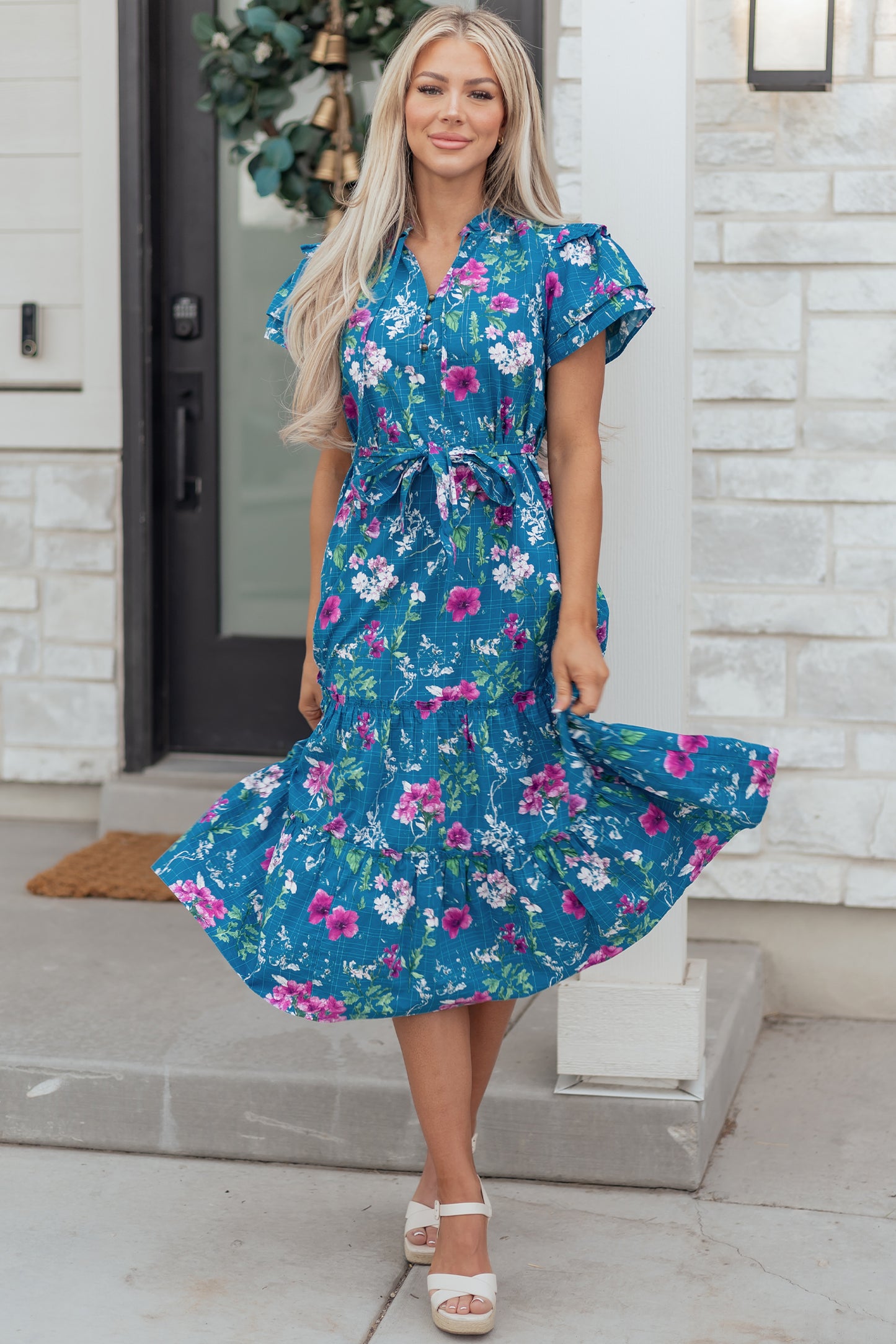Blue Floral Flutter Sleeve Button Tie Split Neck Belted Long Dress