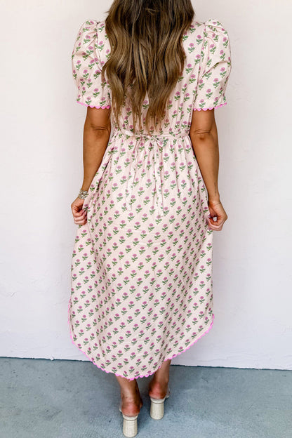 Pink Floral Print V Neck Scallop Trim Button Front Short Sleeve Long Dress