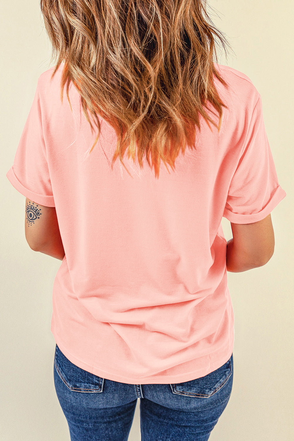 Pink Retro Checkered teach and Bow Pencil Heat Transfer Printing Graphic T Shirt