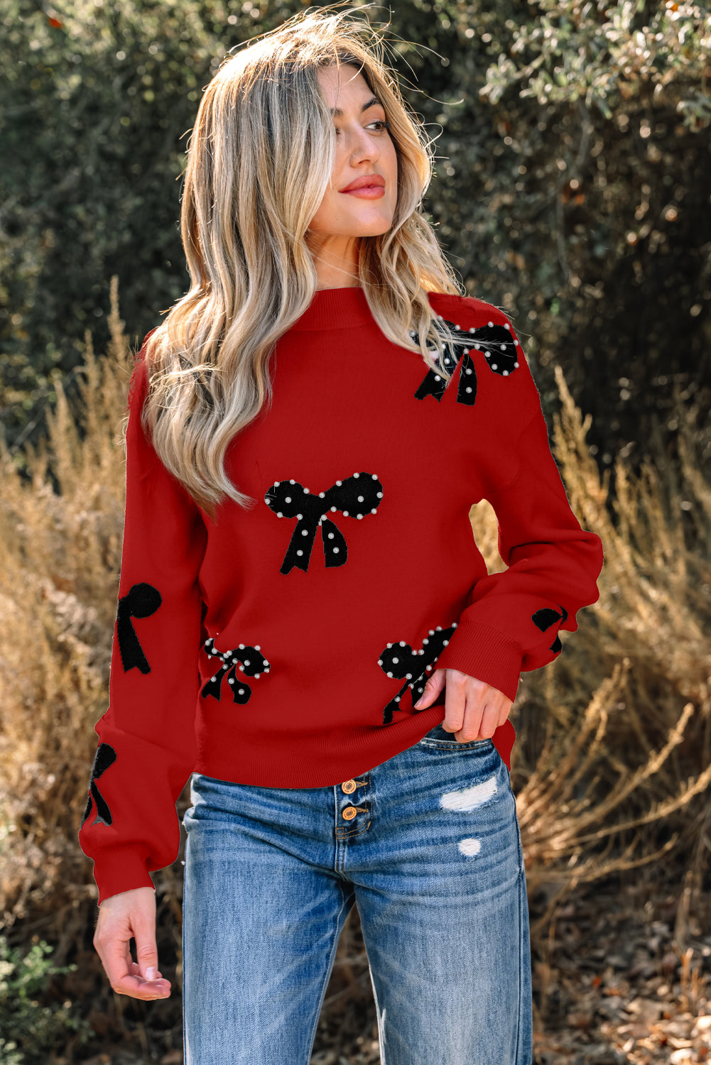 Blackish Green Pearl Embellished Bow Pattern Loose Sweater