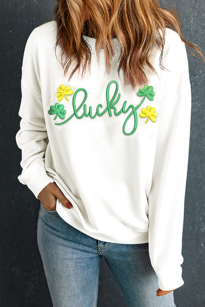White lucky Clover 3D Puff Embroidered Pullover Sweatshirt