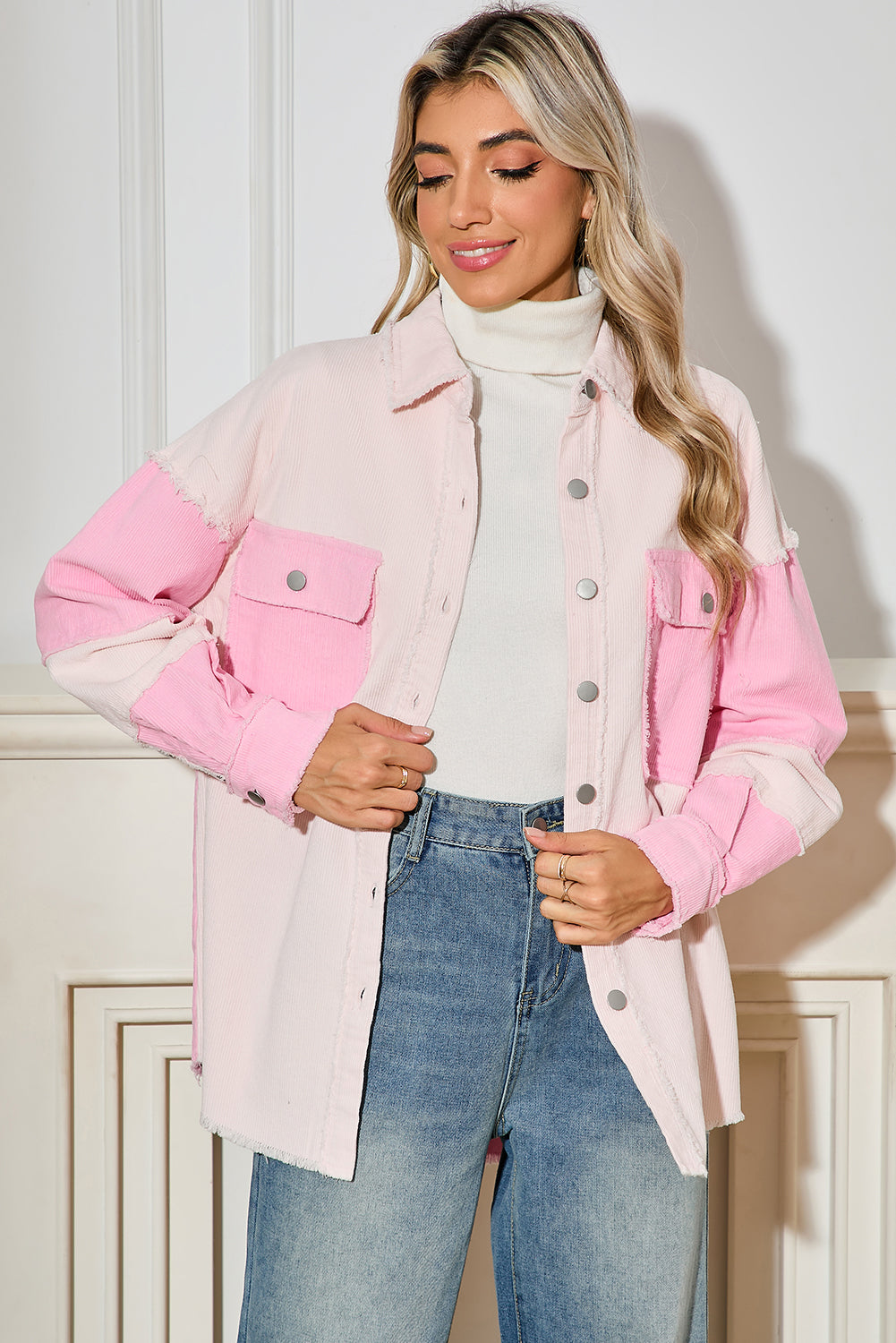Delicacy Corduroy Two Tone Contrast Exposed Seam Shacket