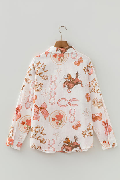 White Rodeo Cowgirl Print Western Button up Shirt