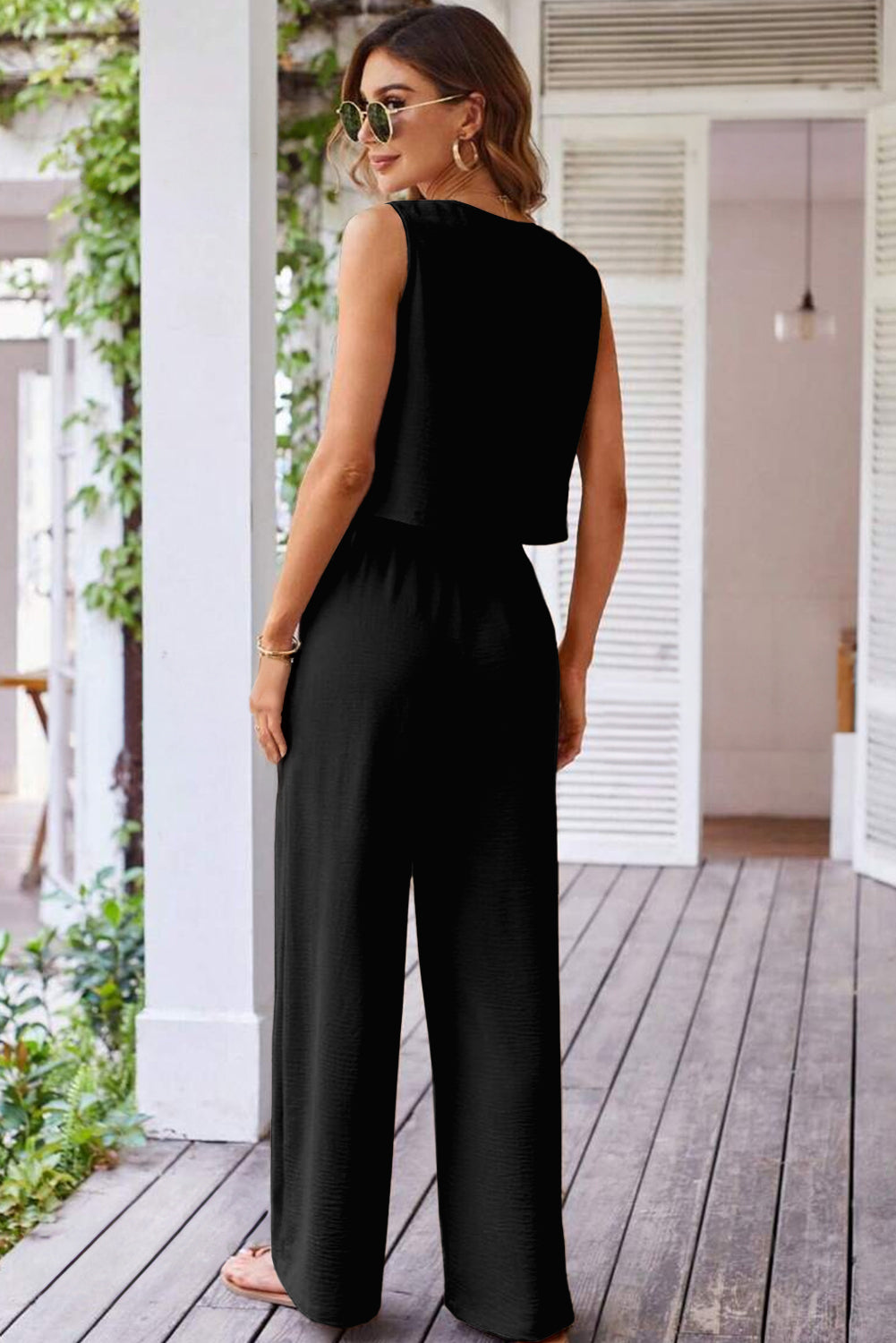 Goat Buttoned Vest Drawstring Wide Leg Pants 2pcs Set